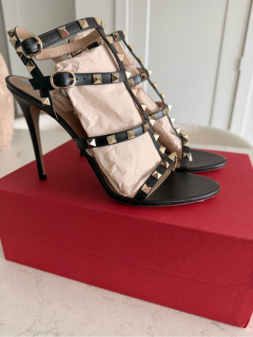 Valentino Garavani Black Leather Rockstud Strappy High Heels